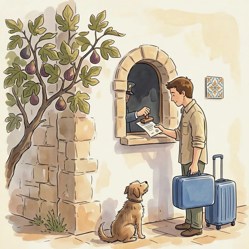 Ilustración editorial: un viajero pasa un documento por la ventanilla de una taquilla de piedra; una mano uniformada lo sella con solemnidad mientras un perro callejero mira desde abajo