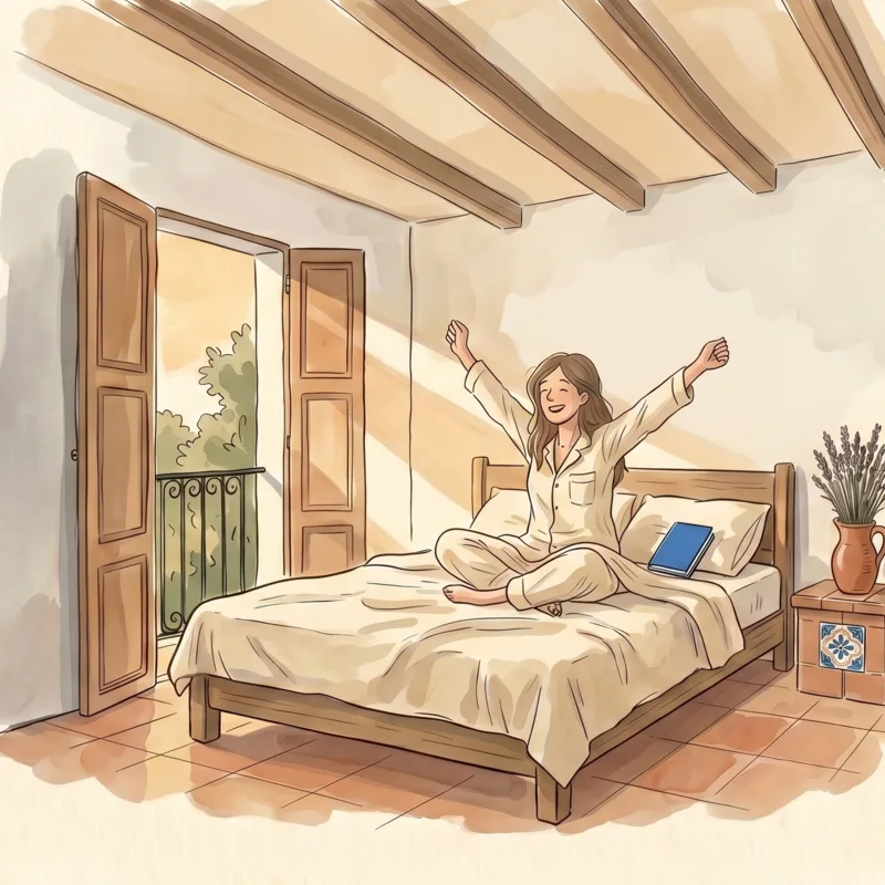 Editorial illustration: a property manager wakes up in a sun-filled Mediterranean room with open wooden shutters, ready to start the day